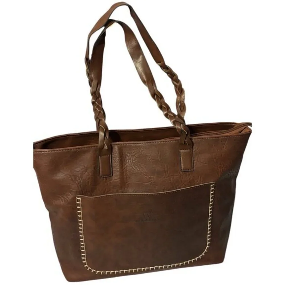 WEIMEIBAIGE Brown Leather Large Classy Chic Tote Handbag